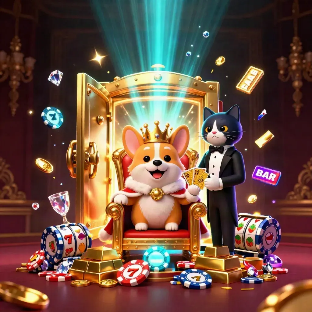 Crowned corgi and cat butler amid a bursting treasure vault, gold, gems, neon glow, dark luxe backdrop.