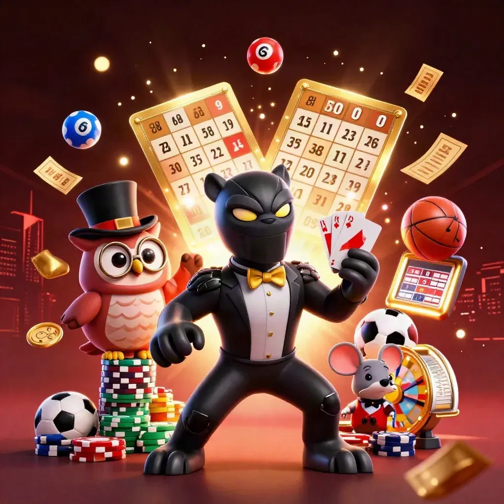 Panther, owl, and mouse amid casino sports props, balls, chips, wheel, and glowing lights.