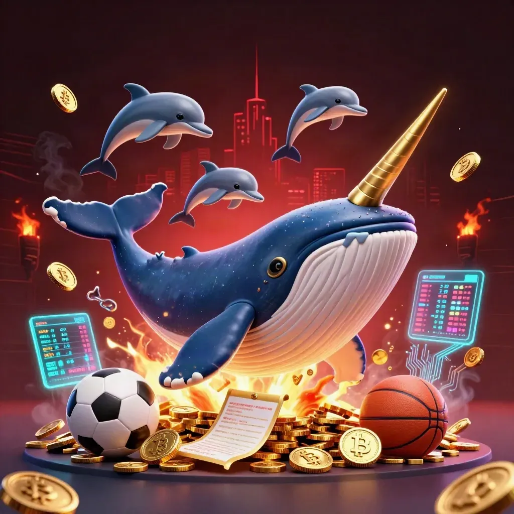 Whale captain, narwhal and dolphins burst through coins with neon crypto effects and dark red skyline.