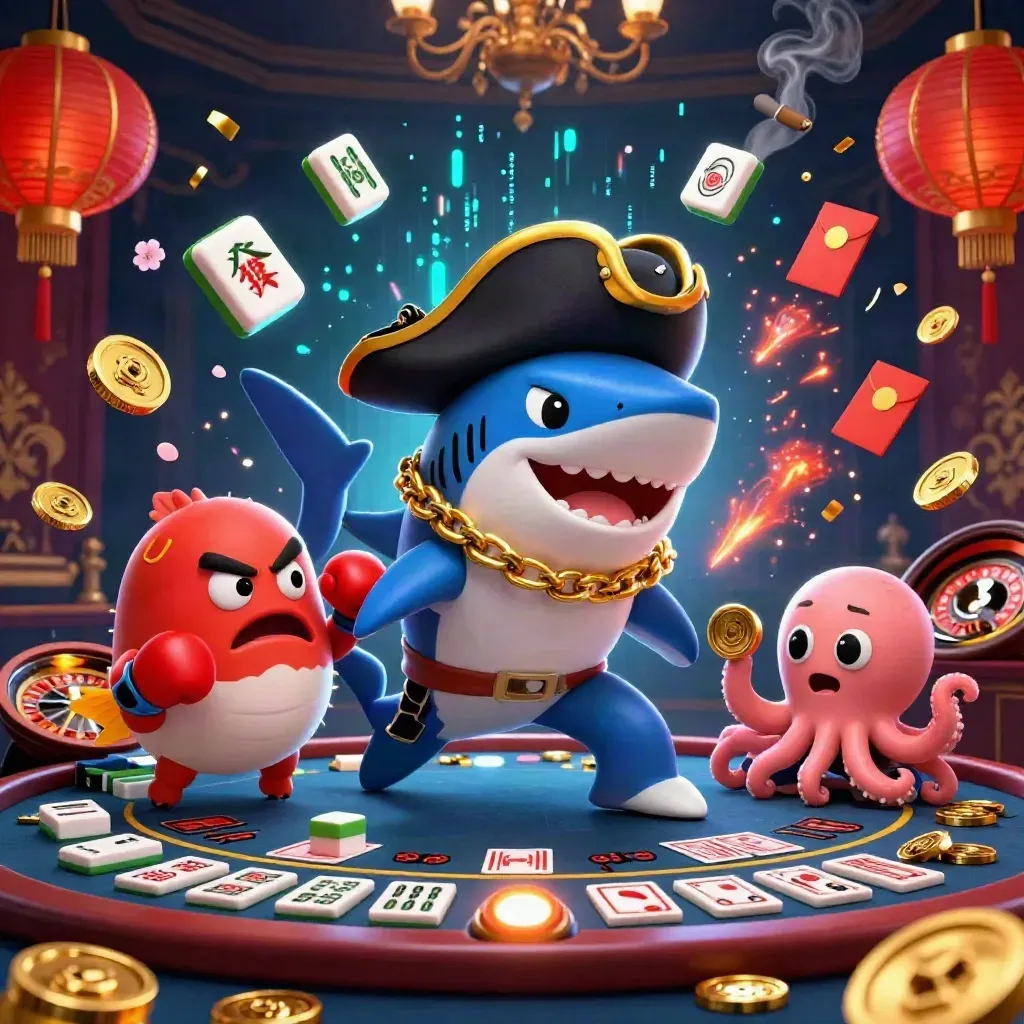 Pirate shark, pufferfish, and baby octopus amid casino luxury, gold coins, lanterns, and neon energy.