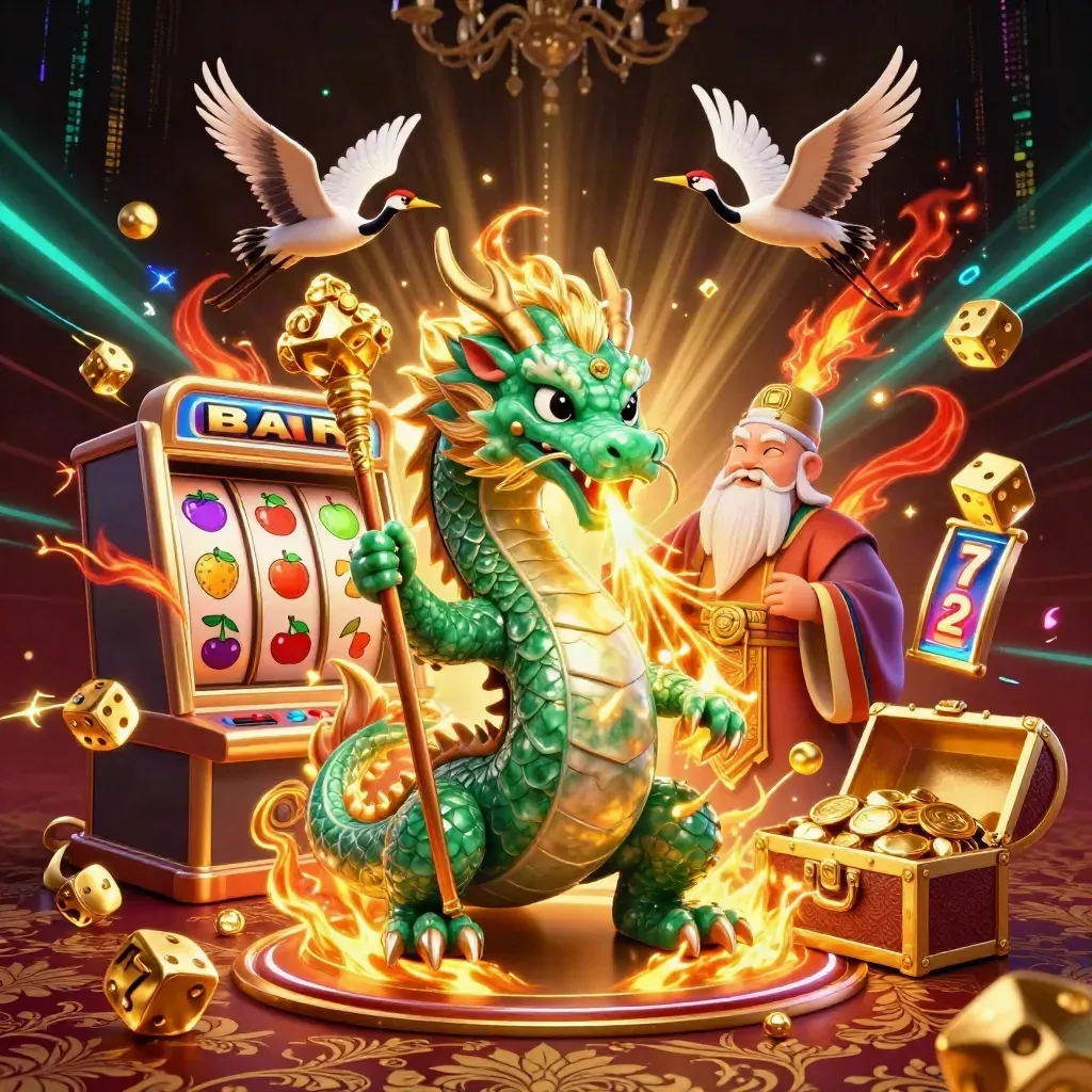 Emerald dragon, turtle sage, and cranes amid exploding jackpot treasure and neon casino magic.