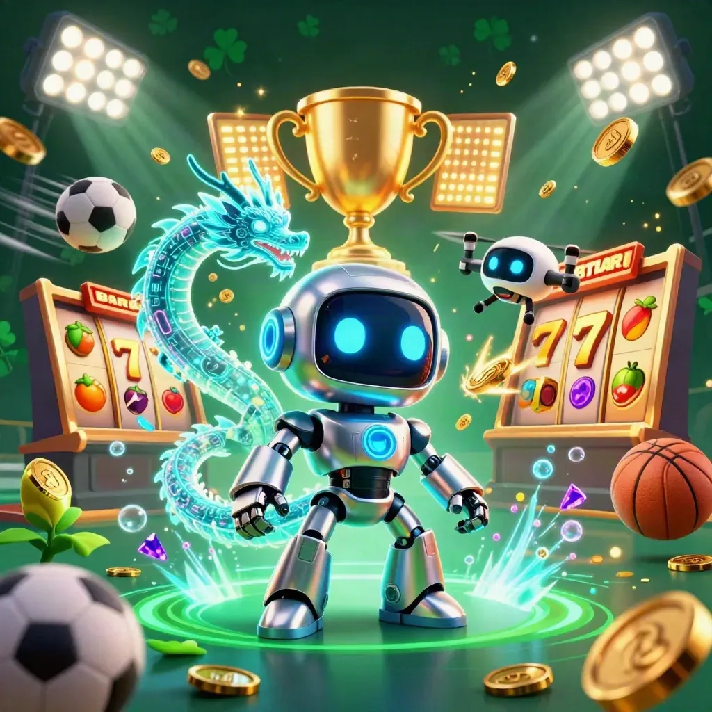 Cyberpunk robot, AI dragon and coin drone amid casino gems and neon teal underwater glow.