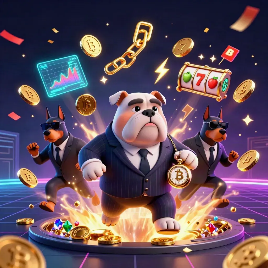 Mafia bulldog with bodyguards amid coins, crypto symbols, fireworks, and vault magic.