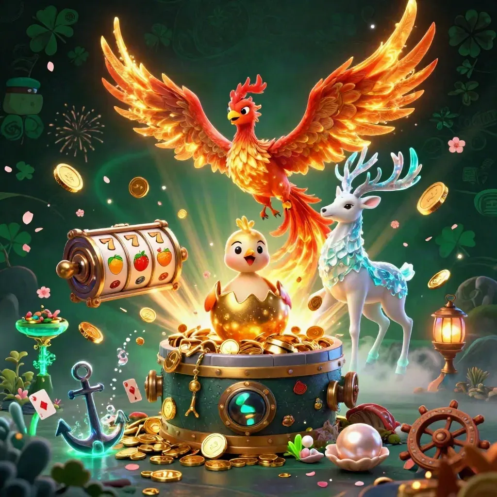 Phoenix, baby phoenix, and stag amid gold coins, treasure, slot reels, and emerald casino light.