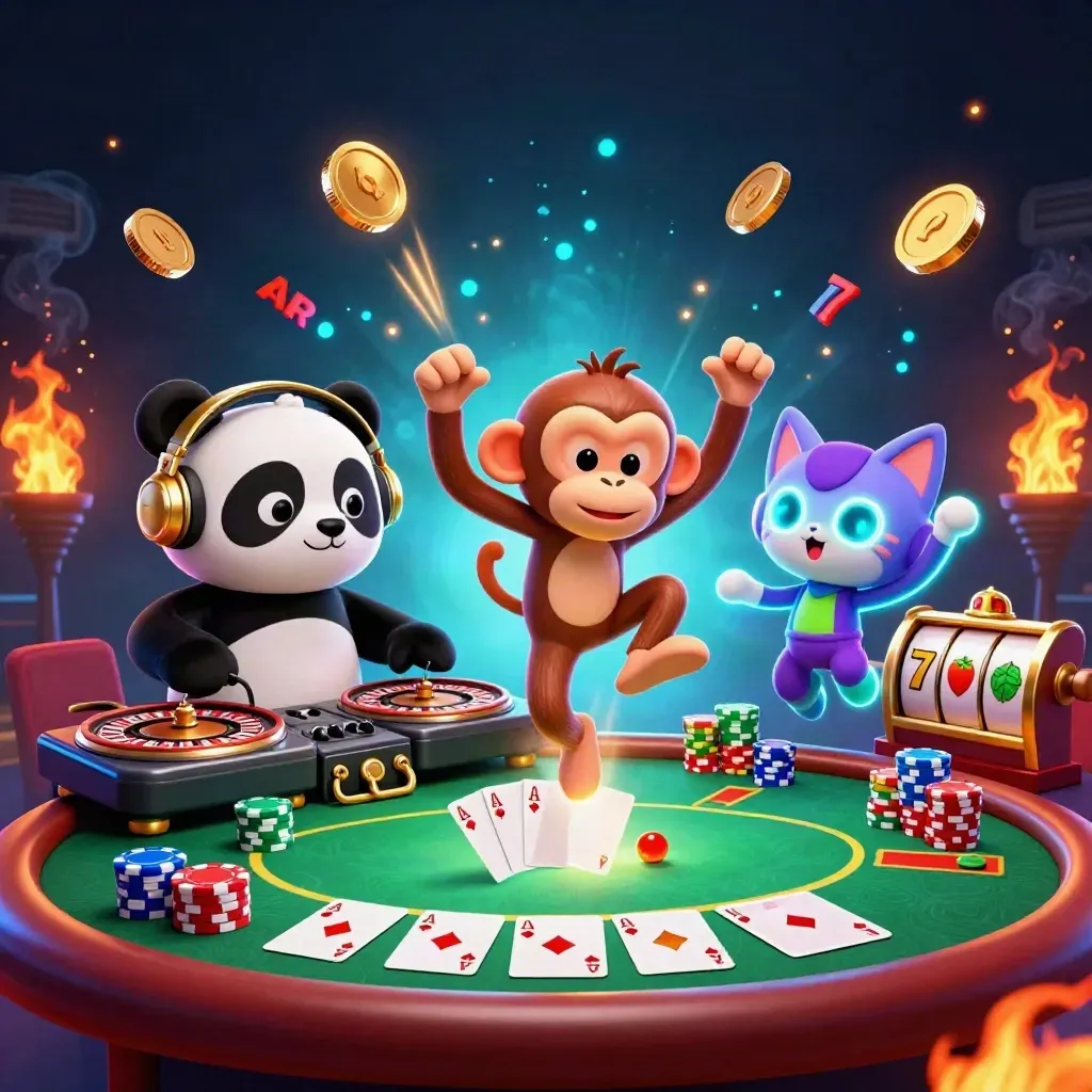 DJ panda, monkey, and kitten amid casino loot, reels, chips, fireworks, and a vault burst