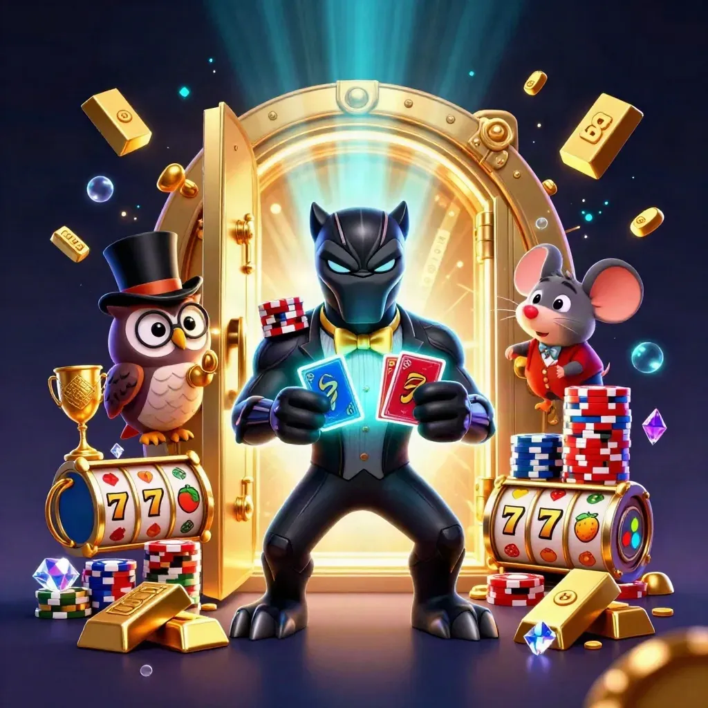 Panther, owl, and mouse casino heroes bursting from a golden vault with chips, gems, and slot symbols.