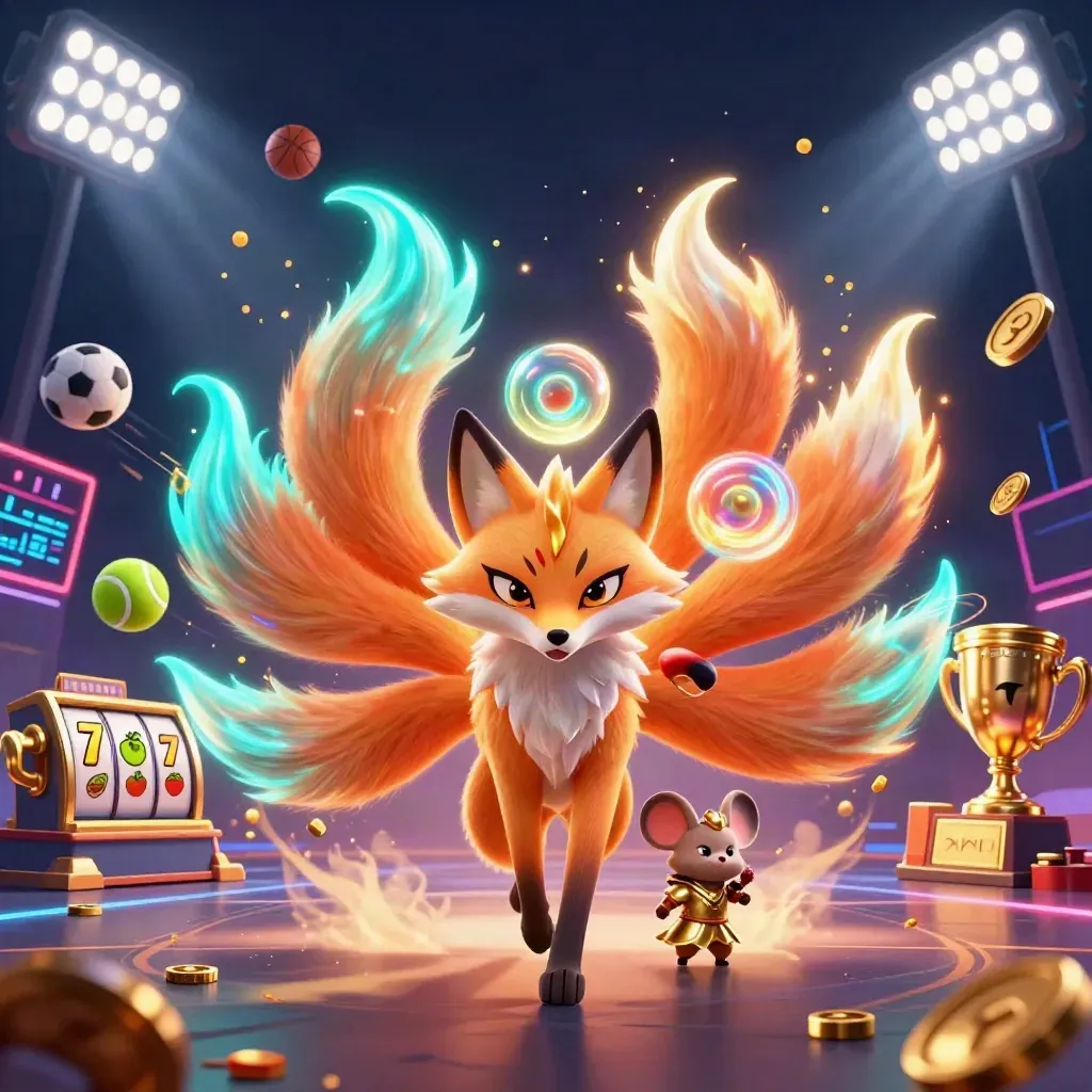 Fox spirit and armored mouse amid casino coins, slot symbols, sports balls, and neon glow.