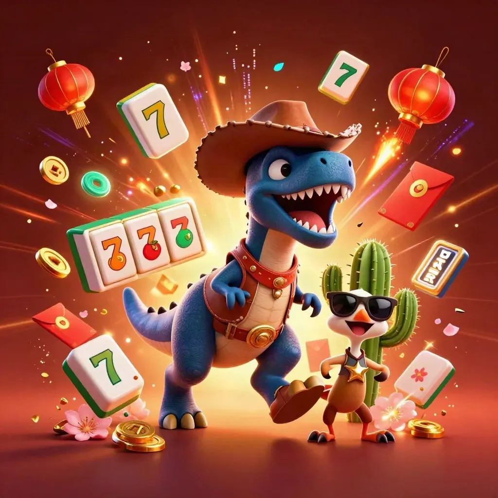 Cowboy T-Rex, cactus sidekick, and sheriff roadrunner amid neon slot chaos on a dark casino backdrop.